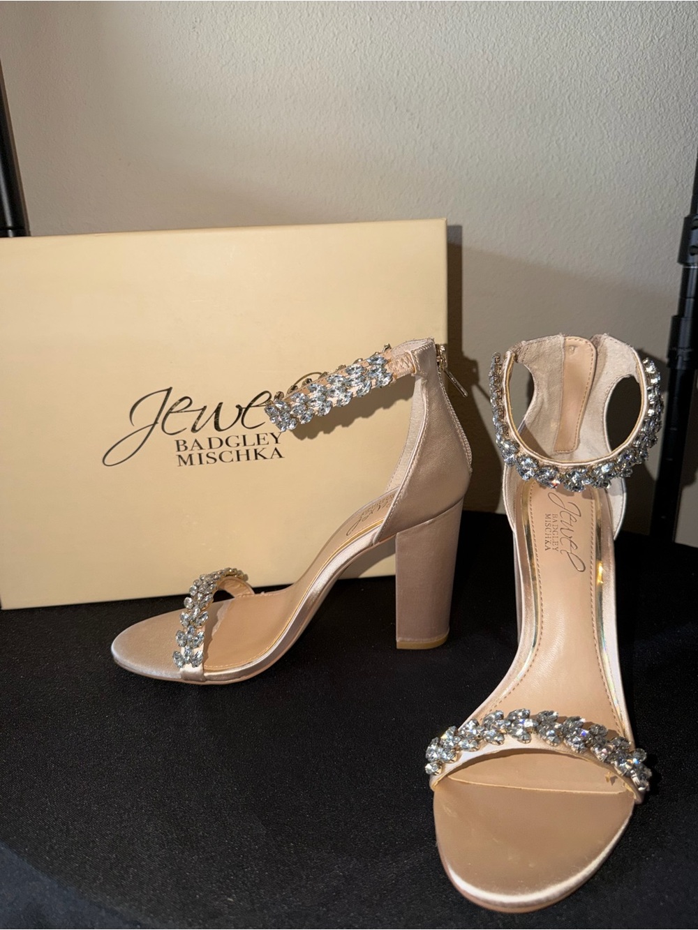 Badgley Mischka Jewel Embellished Nude Block Heels
